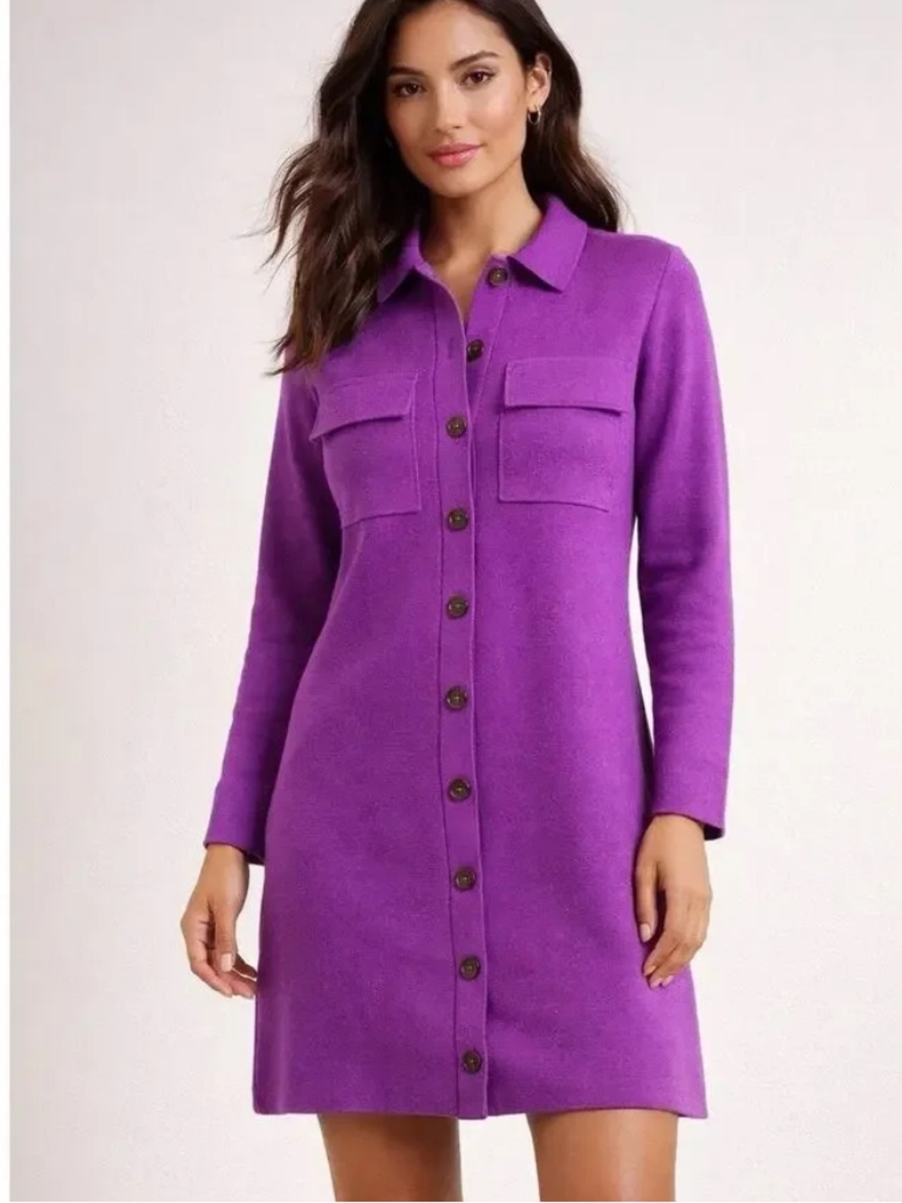 LOFT Purple Long Sleeve Button Front Knit Pocket Mini Sweater Shirt Dress Size L
